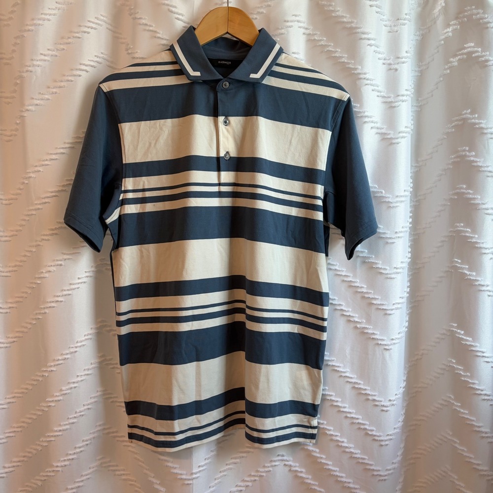 Radmor Mens Pima Cotton Striped Golf Polo Shirt Blue Cream Size M Short Sleeve